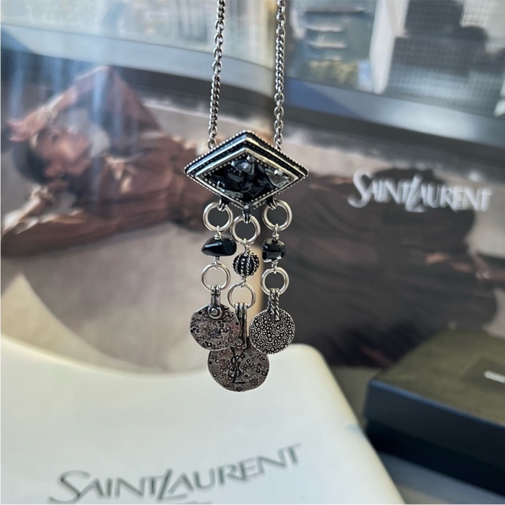 YSL Necklace - Yves Saint Laurent Necklace 
Black Onyx Metallic tone
Authentic
